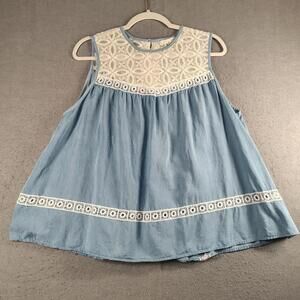 Hint Of Mint Womens 1X Blue Sleeveless Lace Trim Boho Tunic Tank Top Shirt